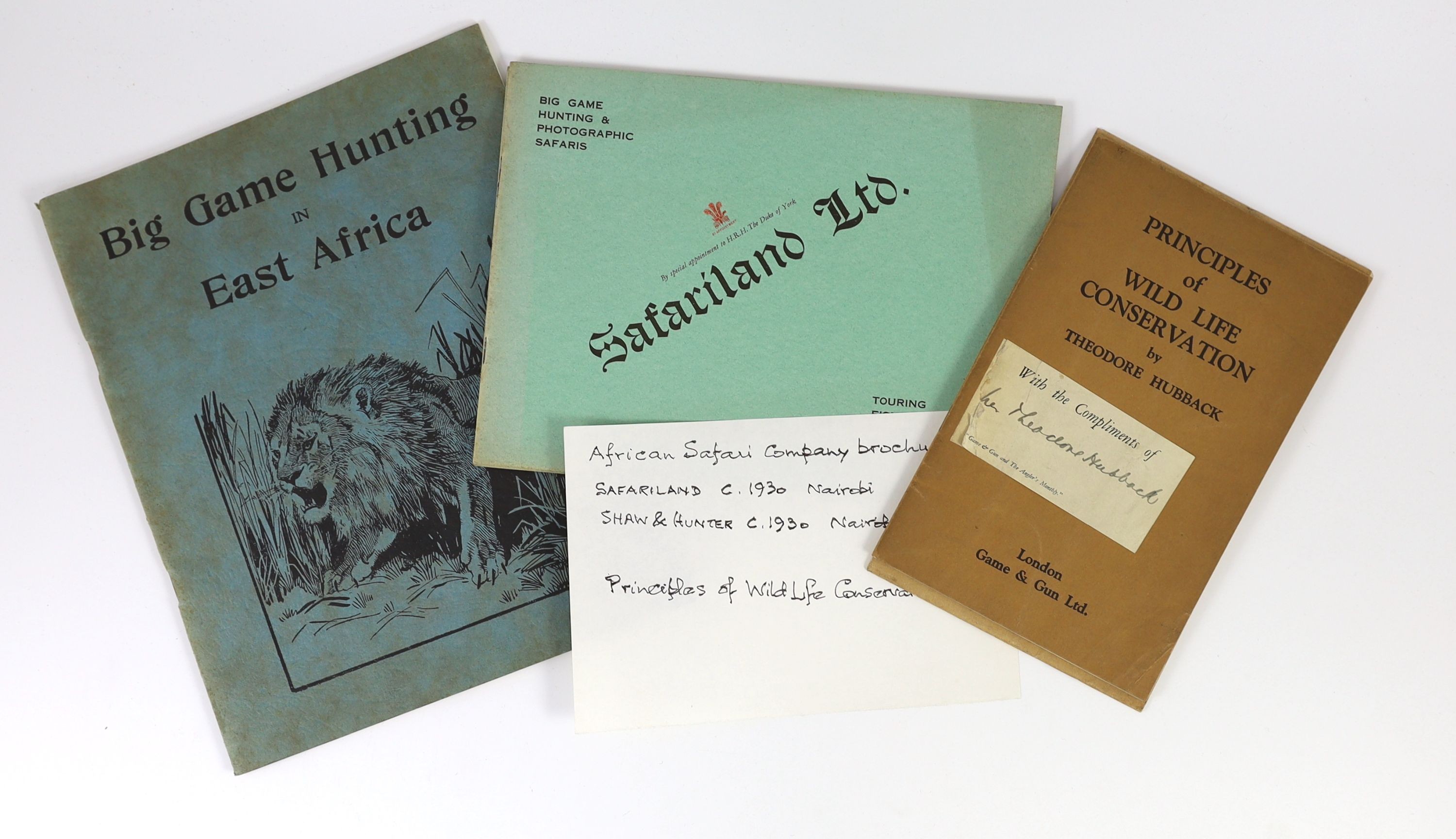 Hubback, Theodore. Principles of Wild Life Conservation. Game & Gun Ltd., London, n.d. [1936]. Original printed wrappers. * With compliments slip for “Game & Guns and The Angler’s Monthly” tipped on to the upper wrapper,